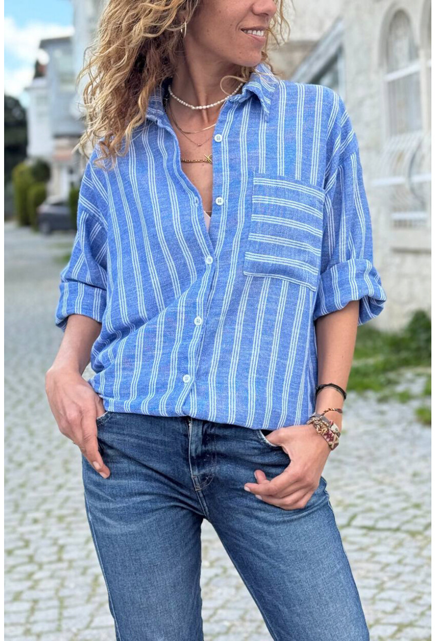 İndigo Çizgili Cepli Pamuklu Salaş Dokuma Gömlek 70 50