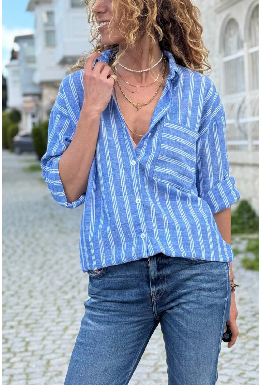 İndigo Çizgili Cepli Pamuklu Salaş Dokuma Gömlek 70 50