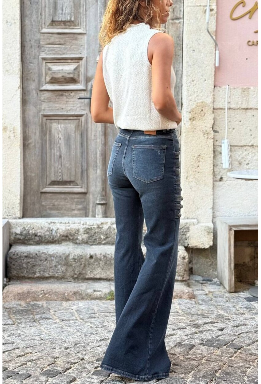 İndigo Yıkamalı Napolyon Düğme Detaylı İspanyol Paça Denim Pantolon 30 110