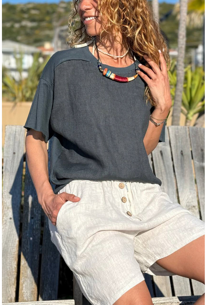 İtalyan Antrasit Bisiklet Yaka Yıkamalı Örme Garnili Keten Karışımlı Salaş Dokuma Bluz 65 50