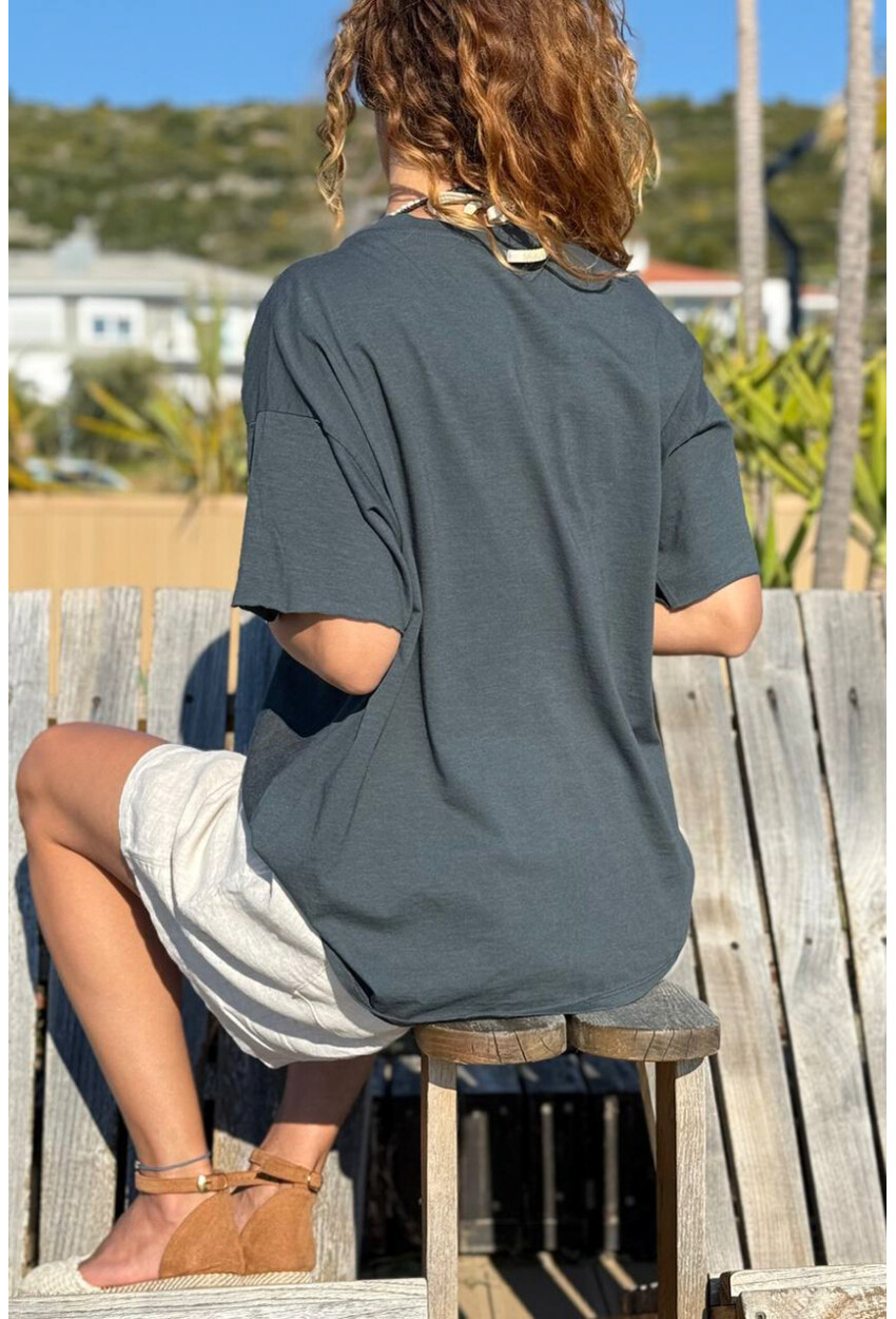 İtalyan Antrasit Bisiklet Yaka Yıkamalı Örme Garnili Keten Karışımlı Salaş Dokuma Bluz 65 50