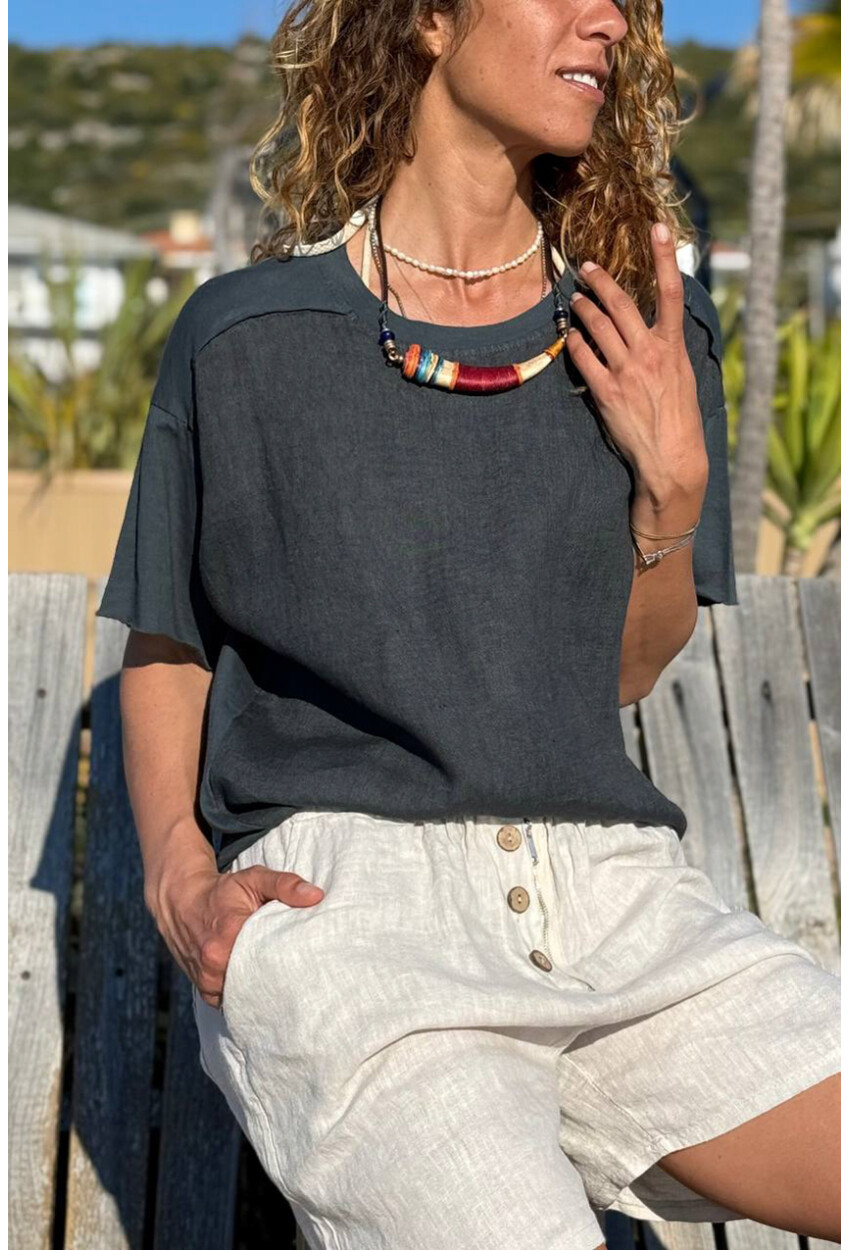 İtalyan Antrasit Bisiklet Yaka Yıkamalı Örme Garnili Keten Karışımlı Salaş Dokuma Bluz 65 50