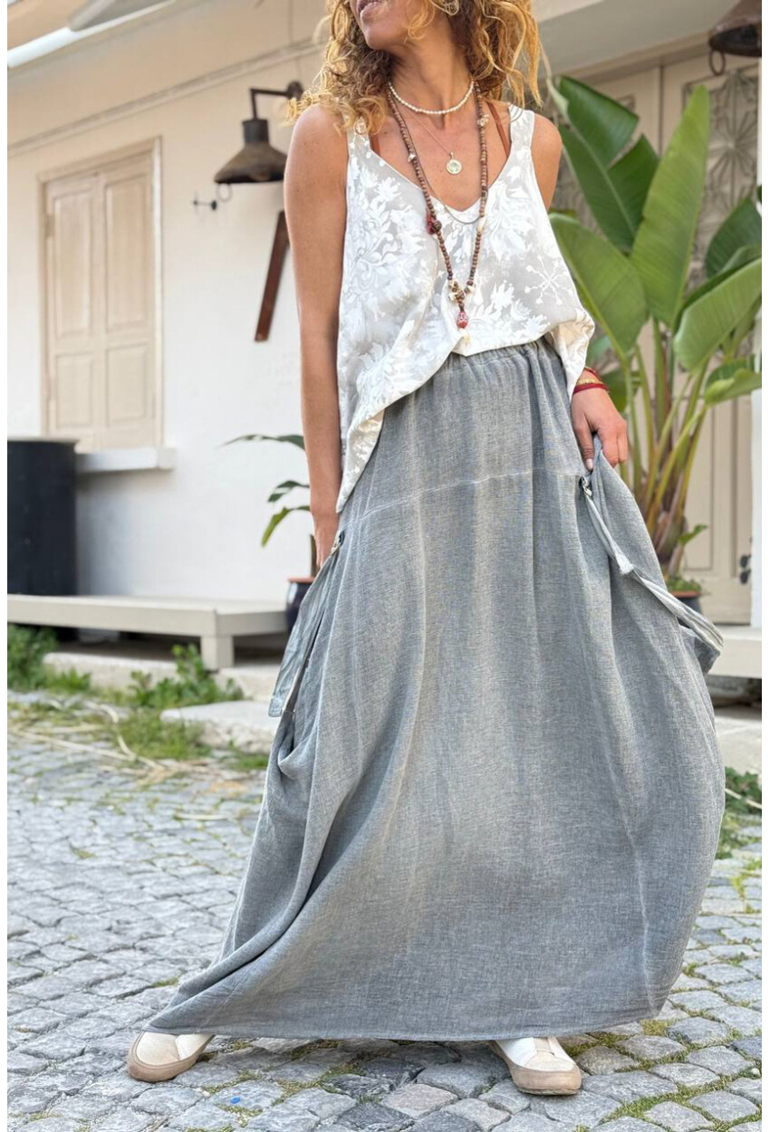 İtalyan Antrasit Dokulu Tokalı Cepli Asimetrik Lastikli Bel Salaş Dokuma Etek 110 40