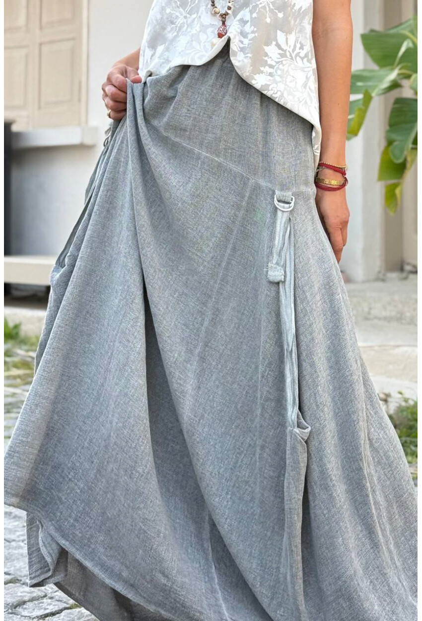 İtalyan Antrasit Dokulu Tokalı Cepli Asimetrik Lastikli Bel Salaş Dokuma Etek 110 40