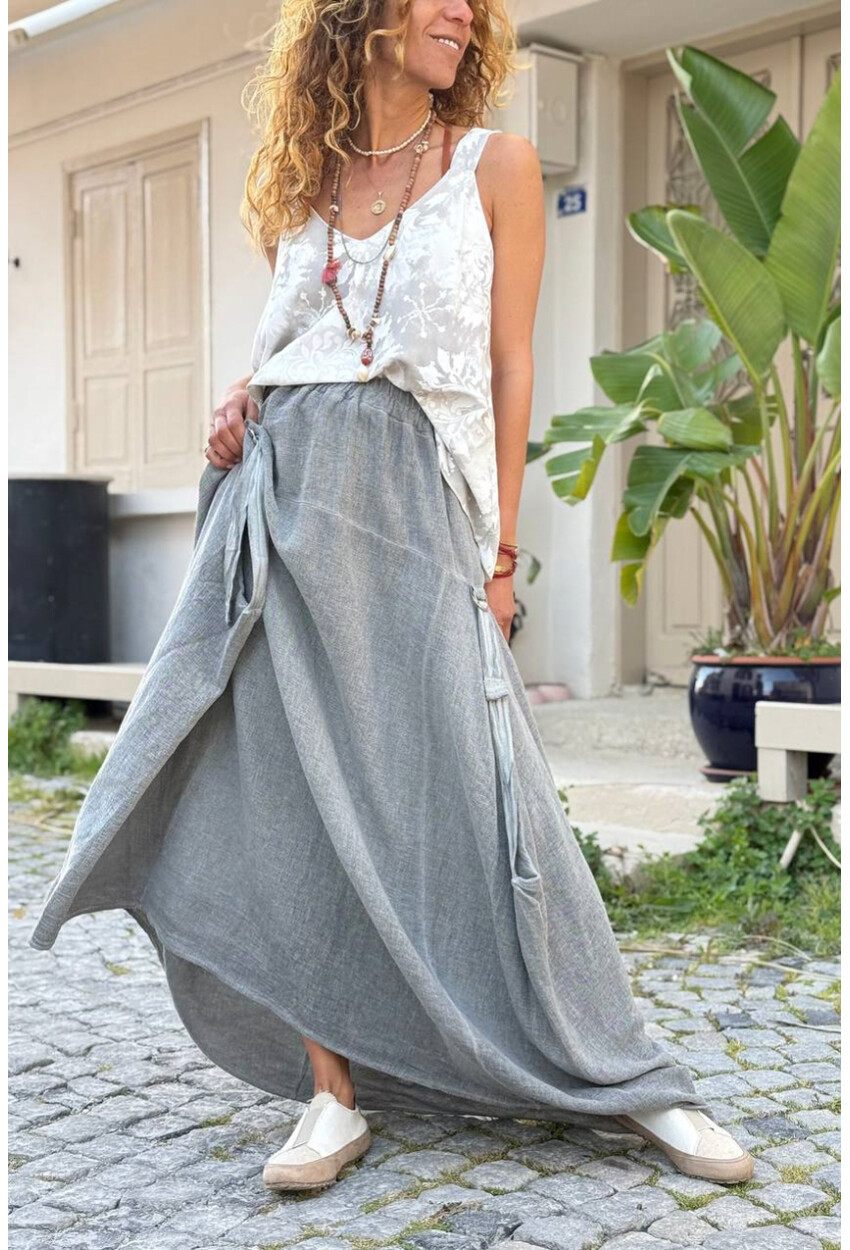 İtalyan Antrasit Dokulu Tokalı Cepli Asimetrik Lastikli Bel Salaş Dokuma Etek 110 40