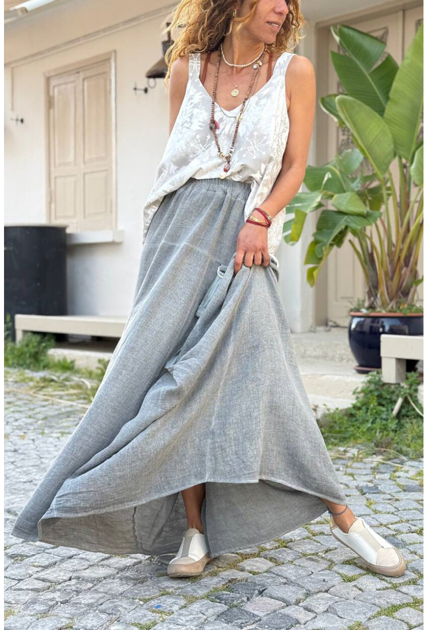 İtalyan Antrasit Dokulu Tokalı Cepli Asimetrik Lastikli Bel Salaş Dokuma Etek 110 40