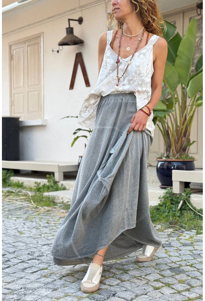 İtalyan Antrasit Dokulu Tokalı Cepli Asimetrik Lastikli Bel Salaş Dokuma Etek 110 40