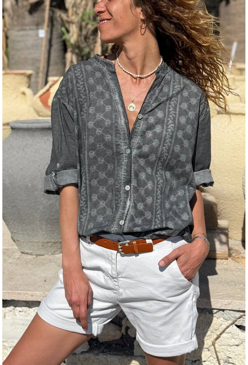 İtalyan Antrasit Hakim Yaka Etnik Desenli Yıkamalı Pamuklu Salaş Dokuma Gömlek 75 55