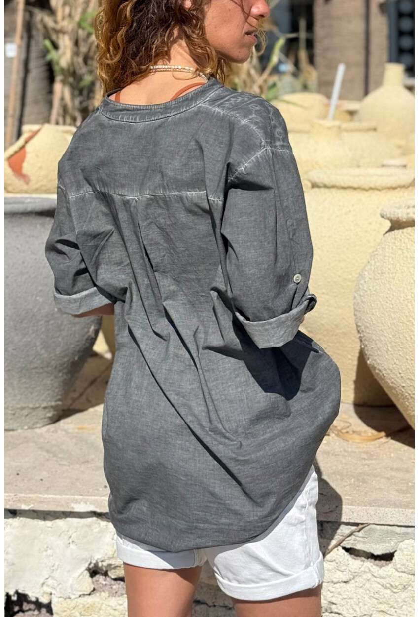 İtalyan Antrasit Hakim Yaka Etnik Desenli Yıkamalı Pamuklu Salaş Dokuma Gömlek 75 55