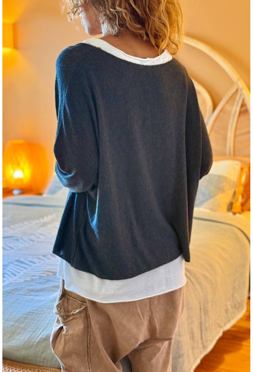 İtalyan Antrasit Kayık Yaka İçli Dışlı Yumuşak Dokulu Salaş Kazak 70 60