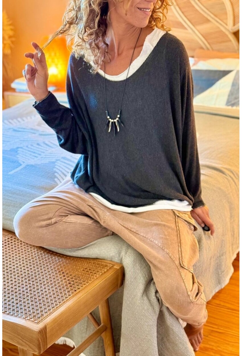 İtalyan Antrasit Kayık Yaka İçli Dışlı Yumuşak Dokulu Salaş Kazak 70 60