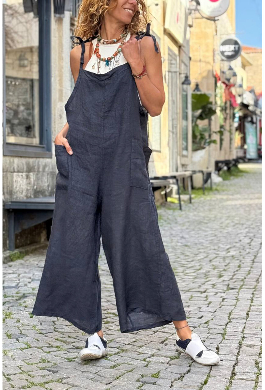 İtalyan Antrasit Omuzdan Bağlamalı Askılı Cepli Bol Paça Keten Salaş Dokuma Tulum 110 50