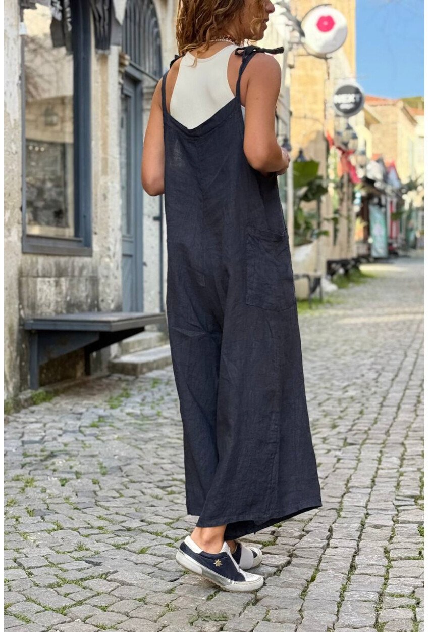 İtalyan Antrasit Omuzdan Bağlamalı Askılı Cepli Bol Paça Keten Salaş Dokuma Tulum 110 50