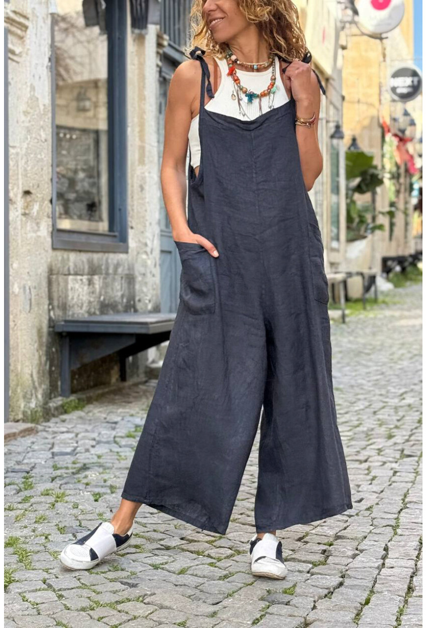 İtalyan Antrasit Omuzdan Bağlamalı Askılı Cepli Bol Paça Keten Salaş Dokuma Tulum 110 50