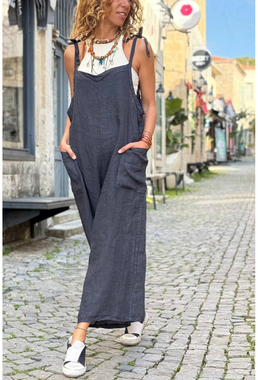 İtalyan Antrasit Omuzdan Bağlamalı Askılı Cepli Bol Paça Keten Salaş Dokuma Tulum 110 50