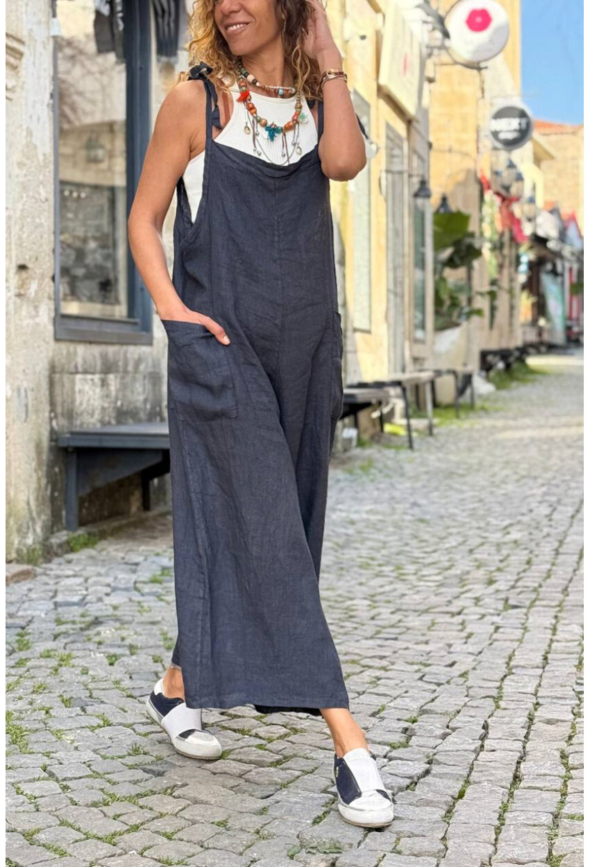 İtalyan Antrasit Omuzdan Bağlamalı Askılı Cepli Bol Paça Keten Salaş Dokuma Tulum 110 50