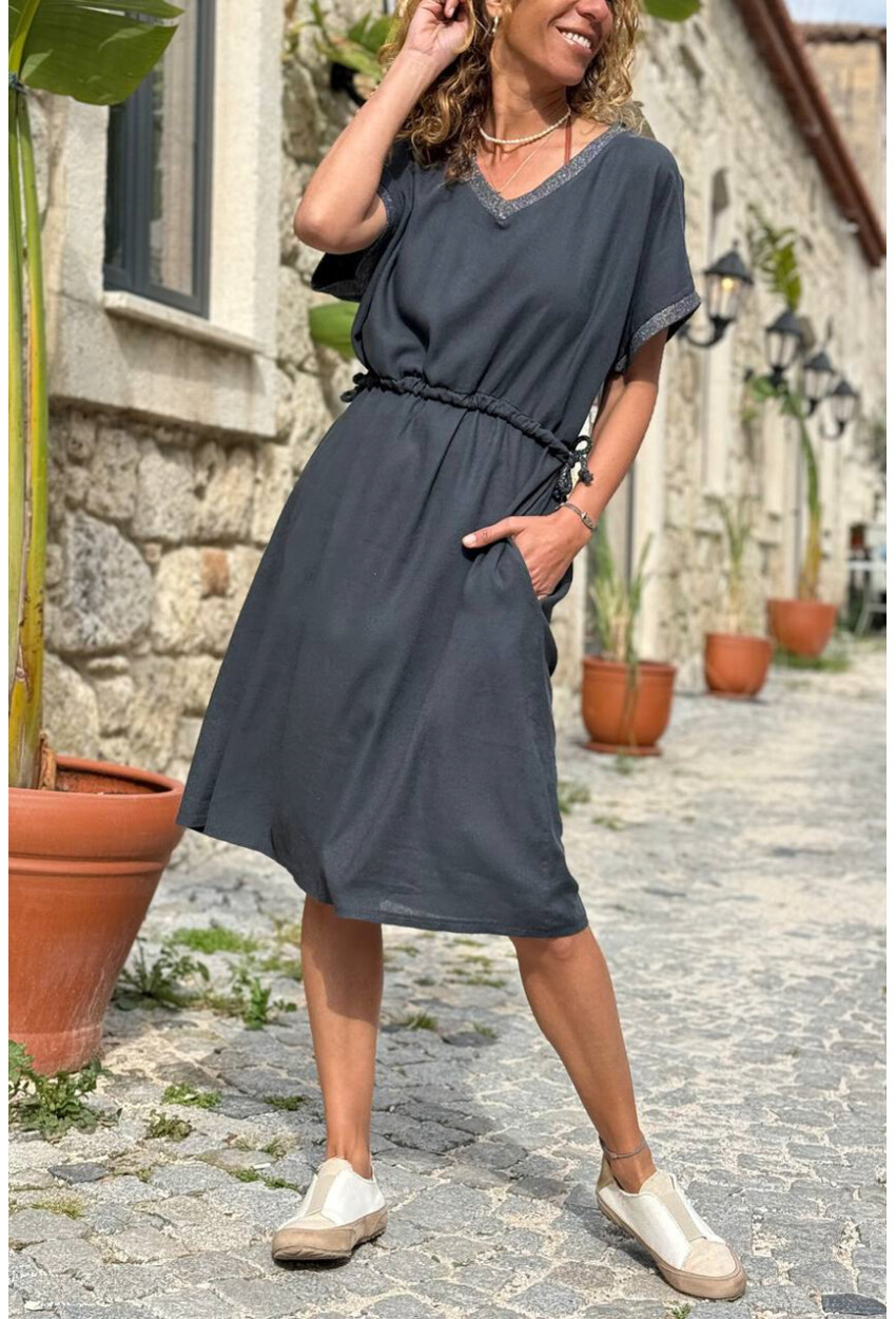 İtalyan Antrasit V Yaka Cepli Sim Garnili Lastikli Bel Salaş Dokuma Elbise 100 50