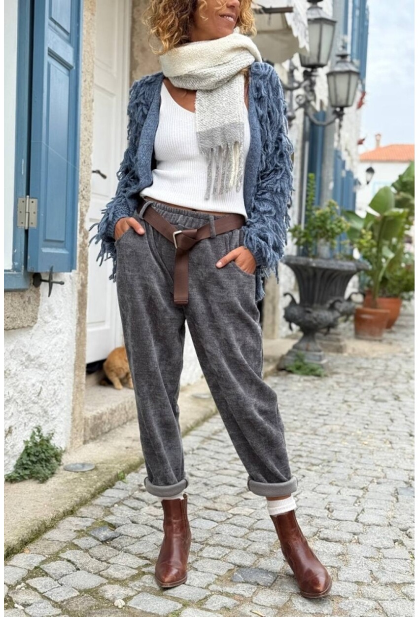 İtalyan Antrasit Yıkamalı Yumuşak Dokulu Kuşaklı Kadife Salaş Pantolon 90 35