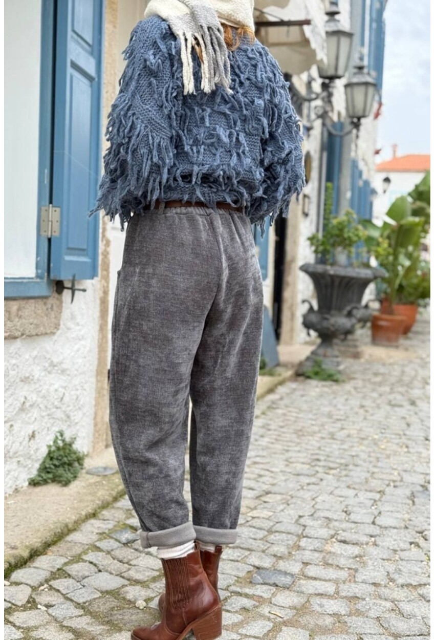 İtalyan Antrasit Yıkamalı Yumuşak Dokulu Kuşaklı Kadife Salaş Pantolon 90 35