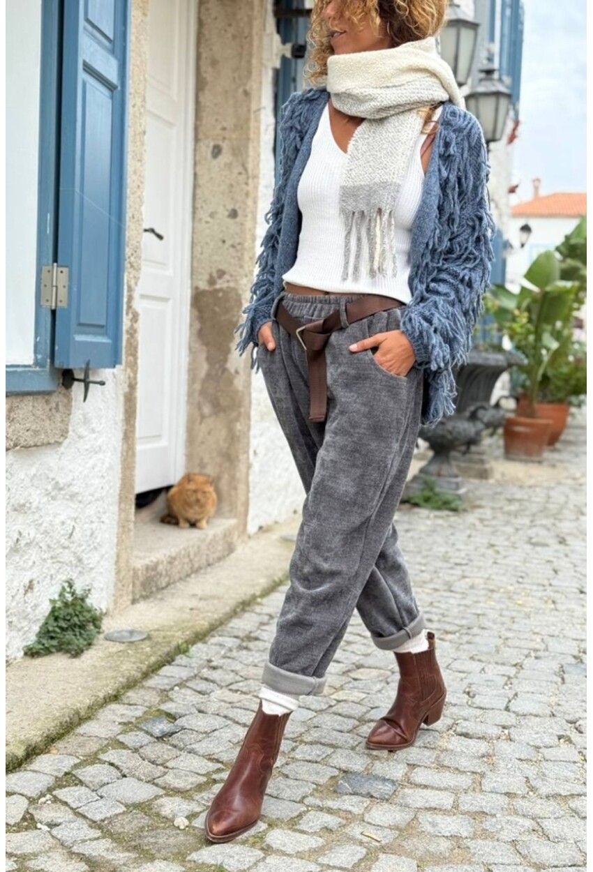 İtalyan Antrasit Yıkamalı Yumuşak Dokulu Kuşaklı Kadife Salaş Pantolon 90 35