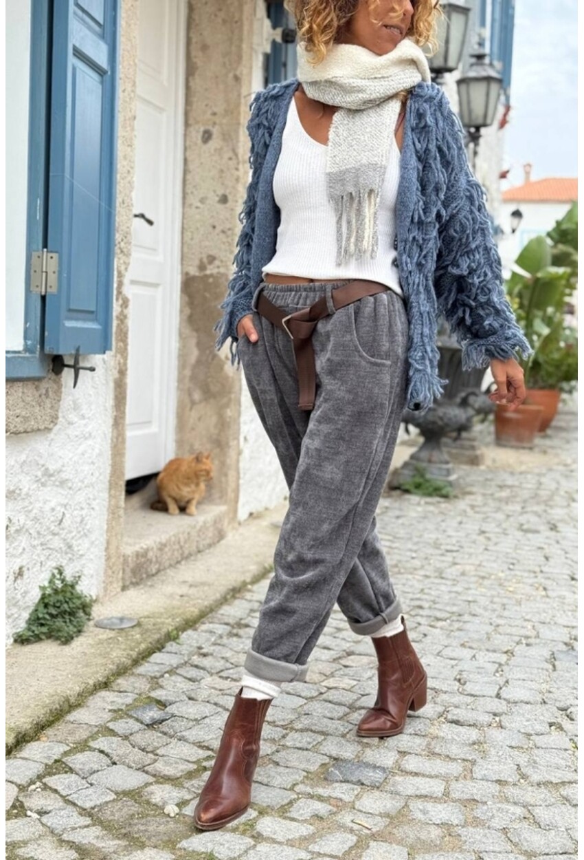 İtalyan Antrasit Yıkamalı Yumuşak Dokulu Kuşaklı Kadife Salaş Pantolon 90 35