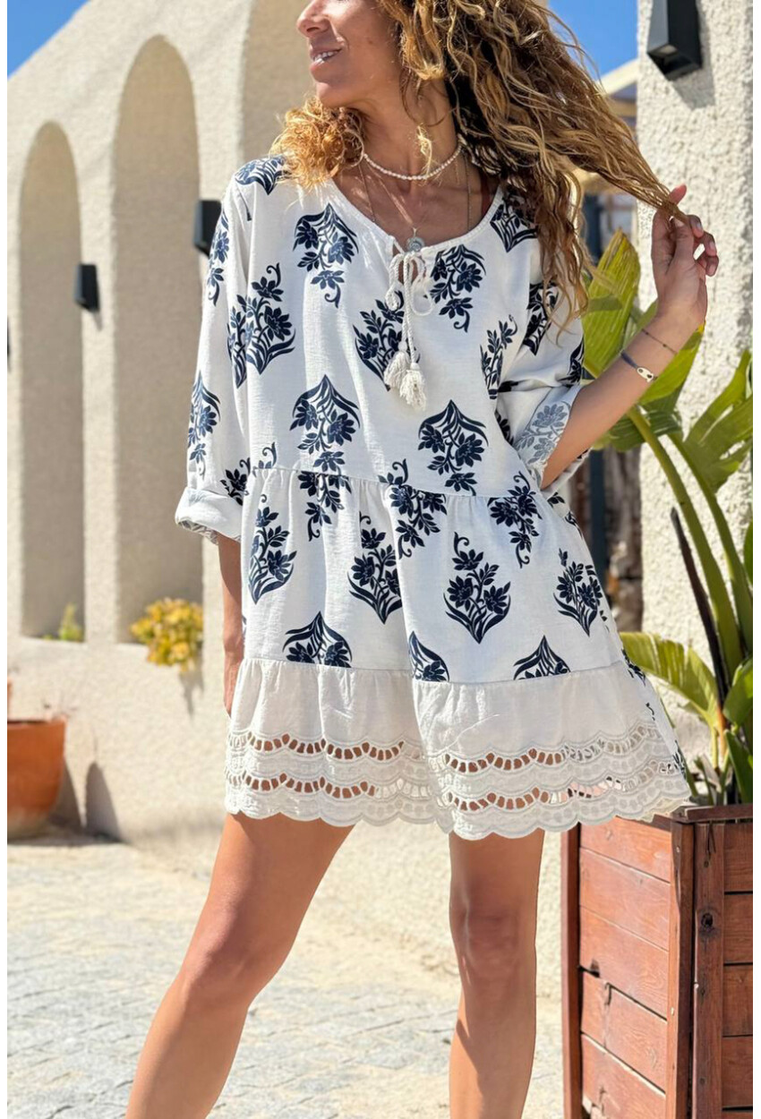 İtalyan Bej Bağlamalı Yaka Etnik Desenli Eteği Fırfırlı Pamuklu Salaş Dokuma Elbise 80 55