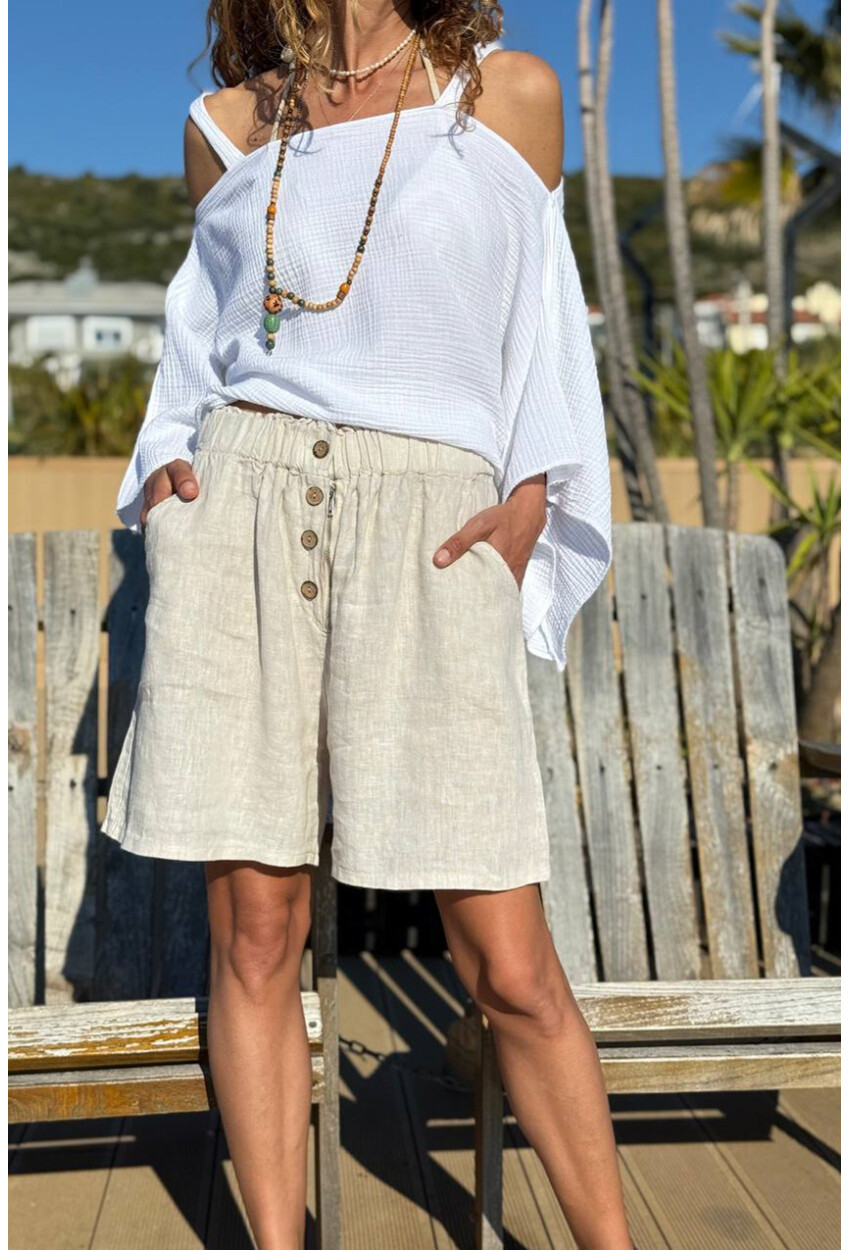 İtalyan Bej Cepli Fermuarlı Lastikli Bel Bol Paça Keten Salaş Dokuma Şort 45 35