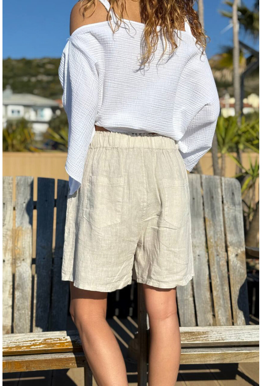 İtalyan Bej Cepli Fermuarlı Lastikli Bel Bol Paça Keten Salaş Dokuma Şort 45 35