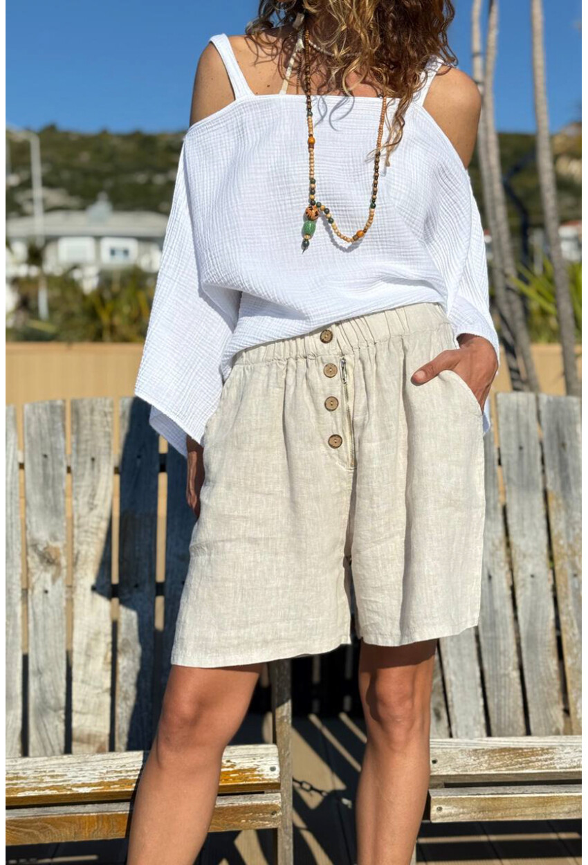 İtalyan Bej Cepli Fermuarlı Lastikli Bel Bol Paça Keten Salaş Dokuma Şort 45 35