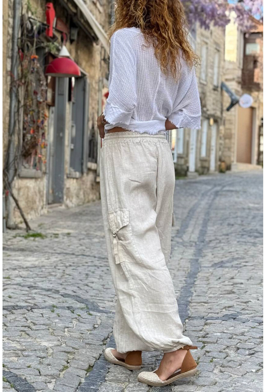 İtalyan Bej Cepli Yanları Cepli Lastikli Paça Keten Salaş Dokuma Pantolon 100 35