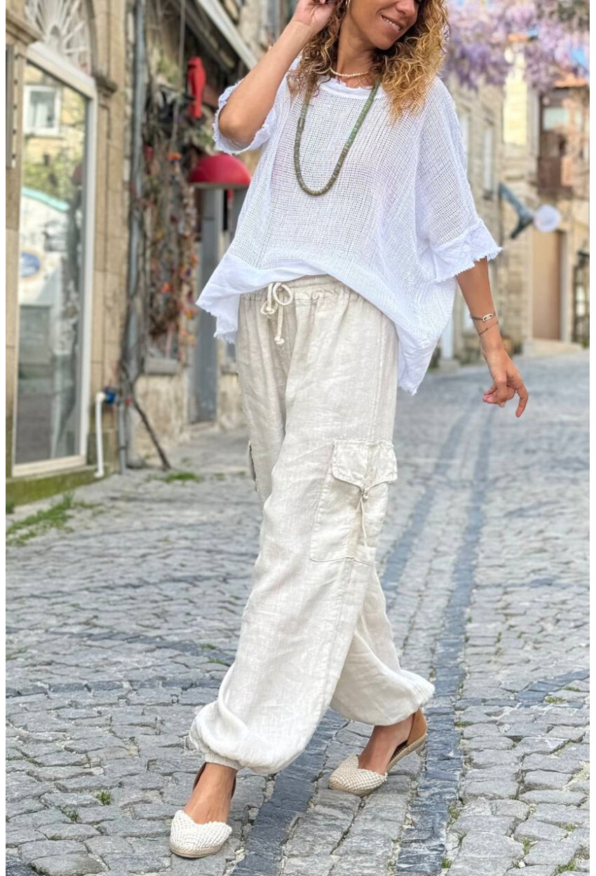 İtalyan Bej Cepli Yanları Cepli Lastikli Paça Keten Salaş Dokuma Pantolon 100 35