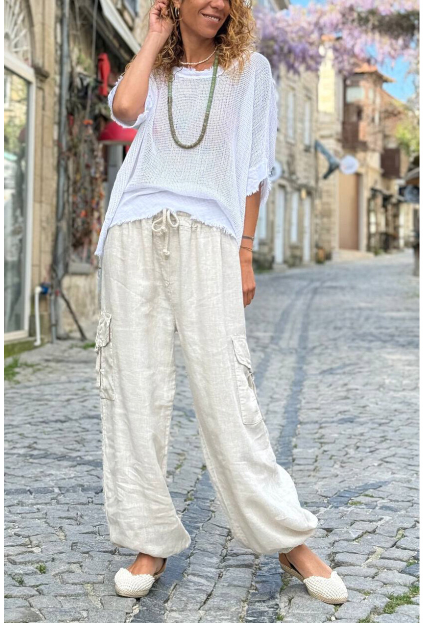 İtalyan Bej Cepli Yanları Cepli Lastikli Paça Keten Salaş Dokuma Pantolon 100 35