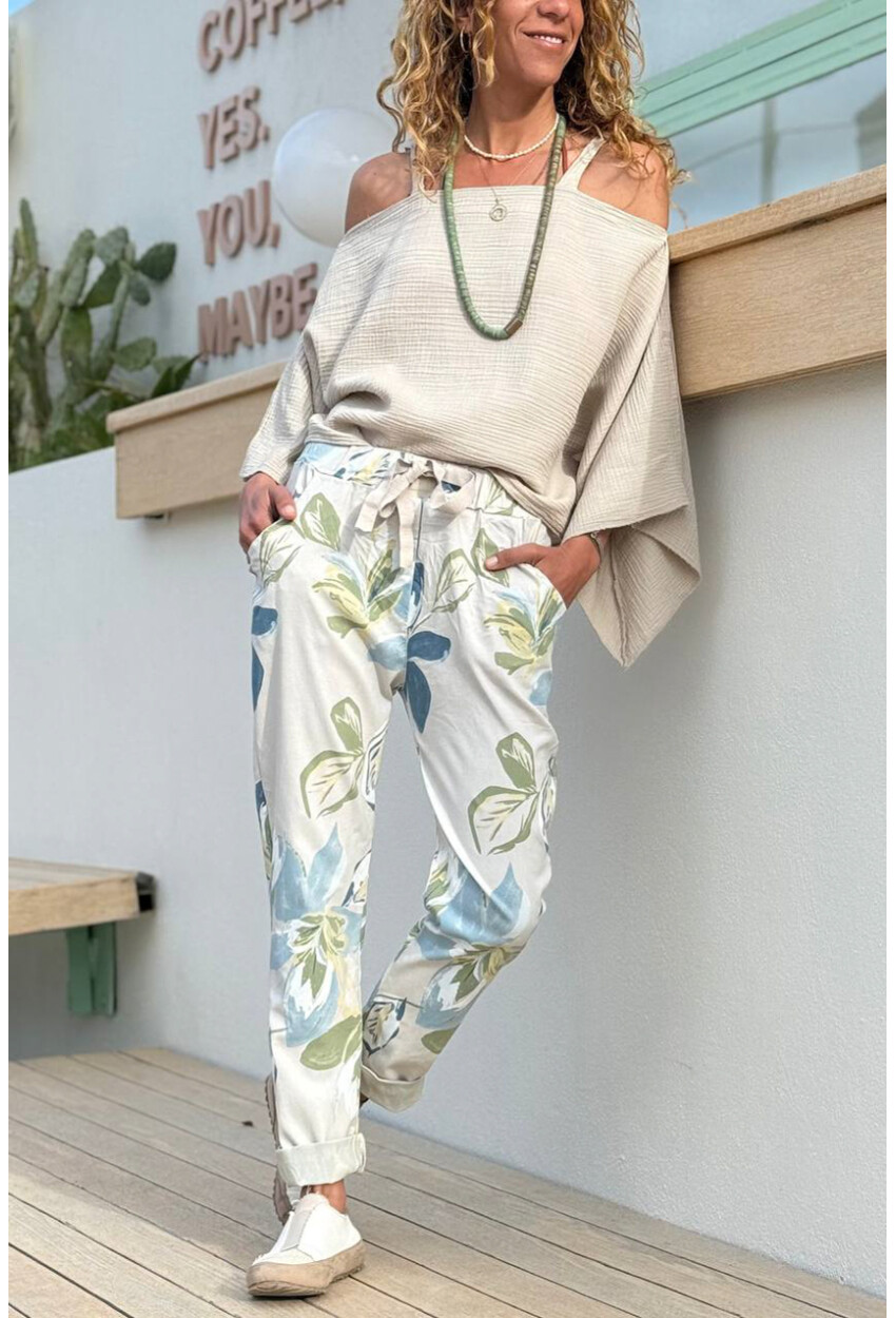 İtalyan Bej Çiçekli Lastikli Bel Duble Paça Pamuklu Dokuma Pantolon 100 35