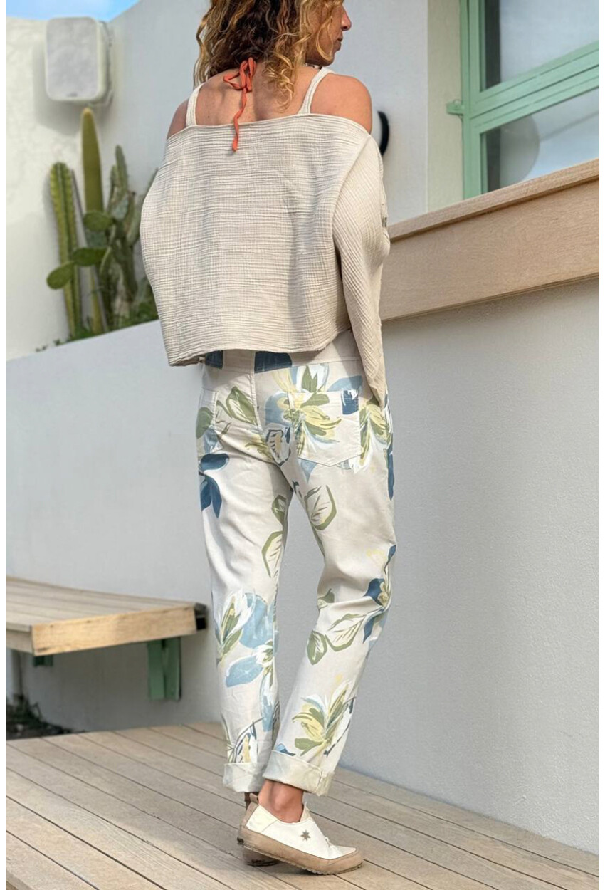 İtalyan Bej Çiçekli Lastikli Bel Duble Paça Pamuklu Dokuma Pantolon 100 35