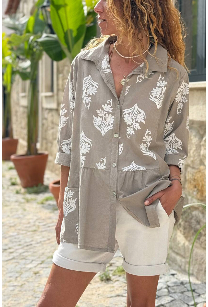 İtalyan Bej Etnik Desenli Cepli Eteği Pliseli Pamuklu Salaş Dokuma Gömlek 70 55