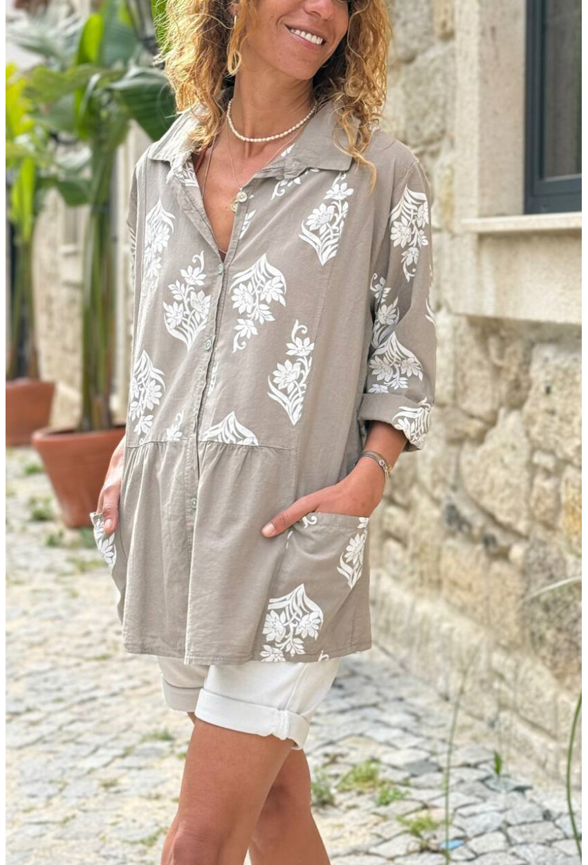 İtalyan Bej Etnik Desenli Cepli Eteği Pliseli Pamuklu Salaş Dokuma Gömlek 70 55