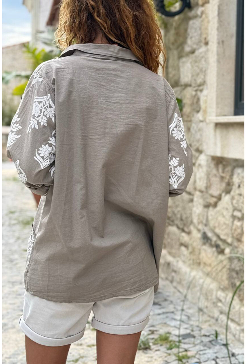 İtalyan Bej Etnik Desenli Cepli Eteği Pliseli Pamuklu Salaş Dokuma Gömlek 70 55