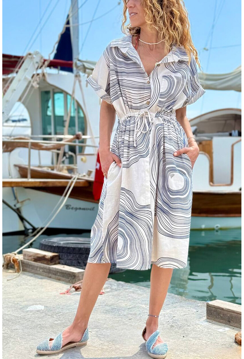 İtalyan Bej Gömlek Yaka Geometrik Desenli Cepli Lastikli Bel Keten Salaş Dokuma Elbise 110 60