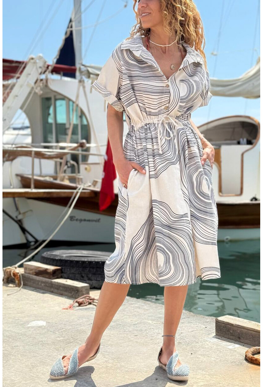 İtalyan Bej Gömlek Yaka Geometrik Desenli Cepli Lastikli Bel Keten Salaş Dokuma Elbise 110 60