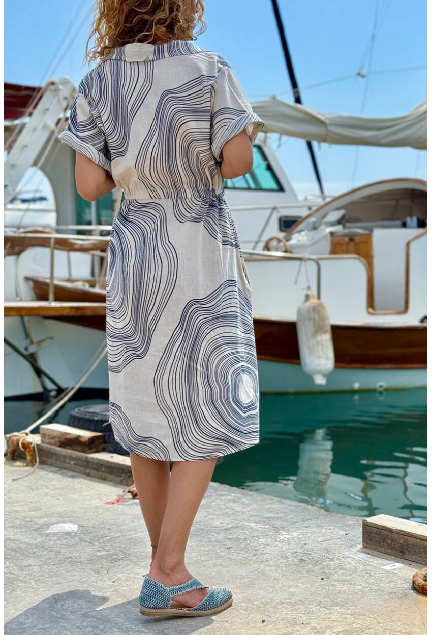 İtalyan Bej Gömlek Yaka Geometrik Desenli Cepli Lastikli Bel Keten Salaş Dokuma Elbise 110 60