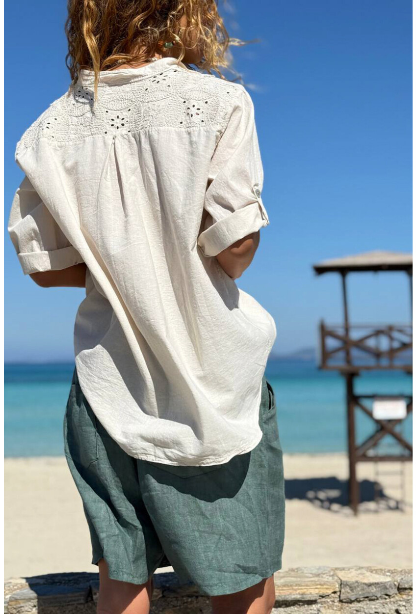 İtalyan Bej Hakim Yaka Brodeli Pamuklu Salaş Dokuma Gömlek 70 55