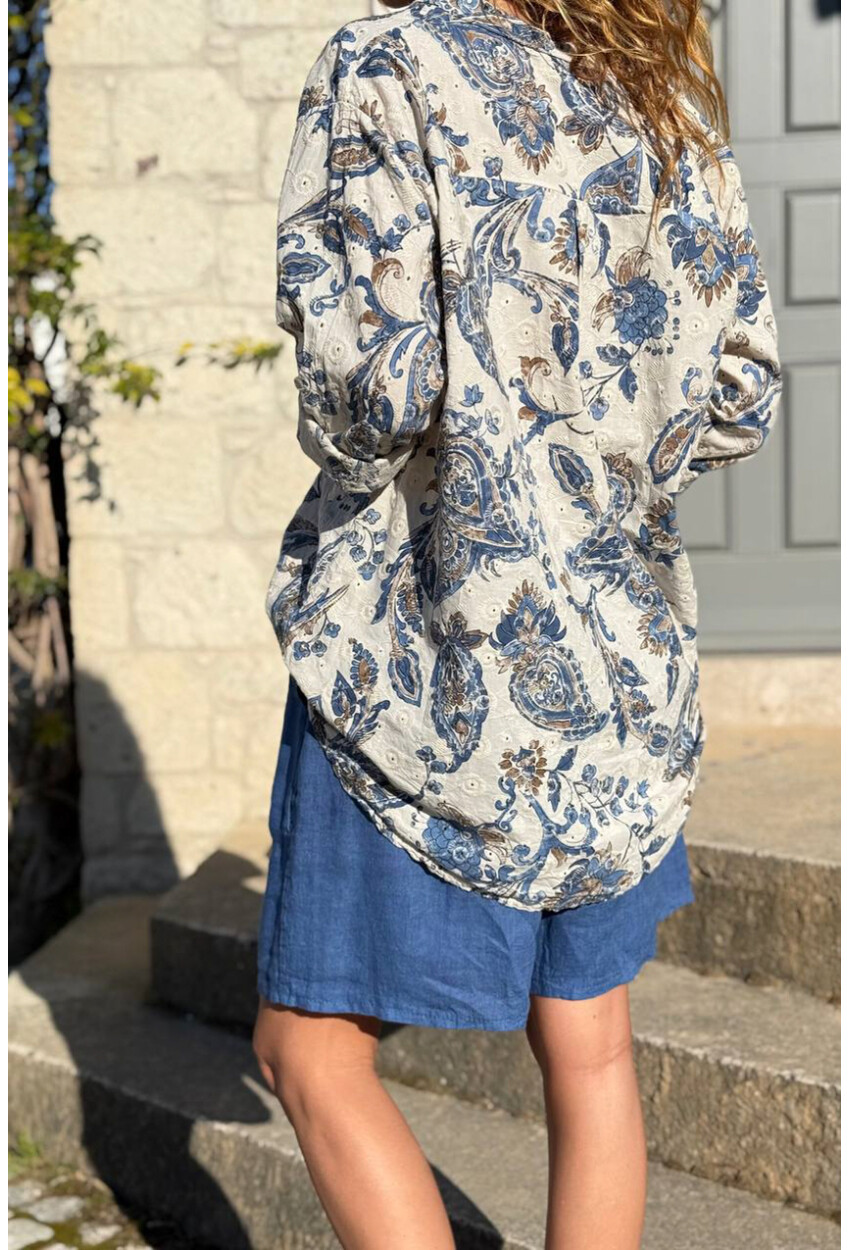 İtalyan Bej Hakim Yaka Çiçekli Pamuklu Salaş Dokuma Gömlek 75 55