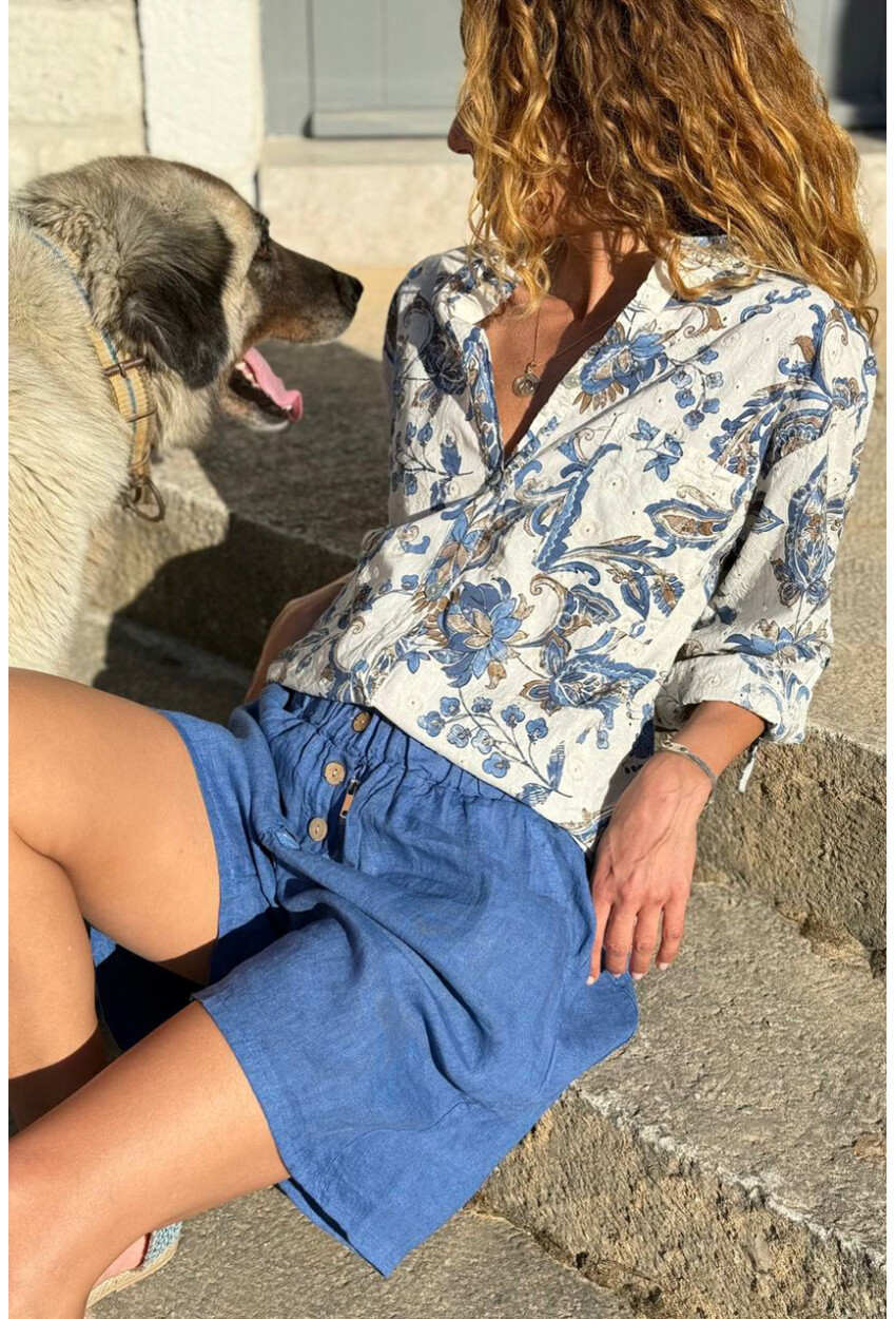 İtalyan Bej Hakim Yaka Çiçekli Pamuklu Salaş Dokuma Gömlek 75 55