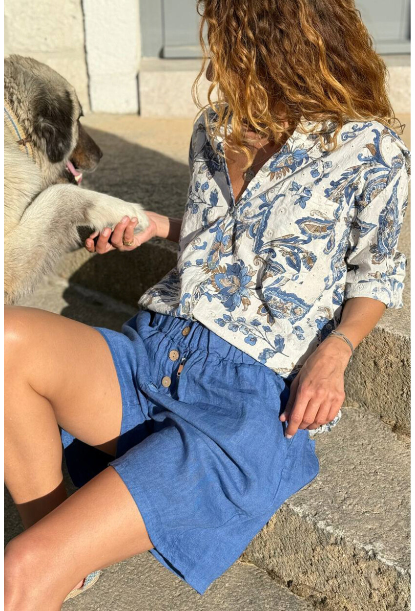 İtalyan Bej Hakim Yaka Çiçekli Pamuklu Salaş Dokuma Gömlek 75 55