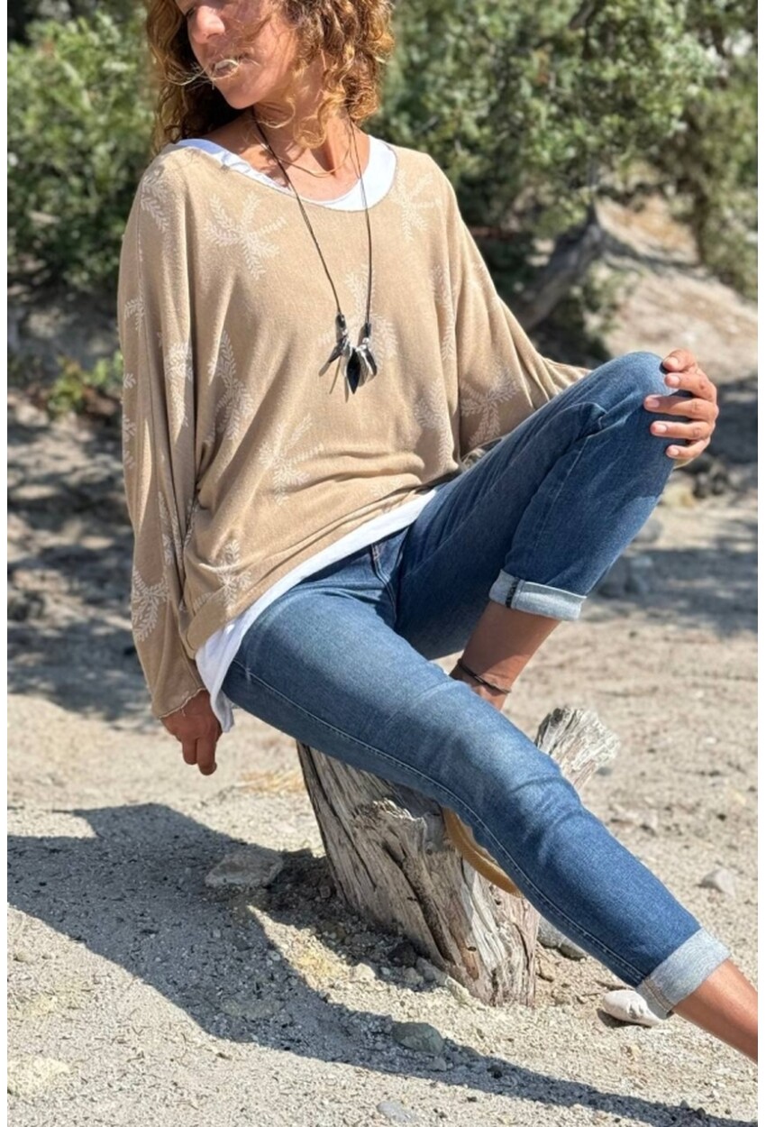 İtalyan Bej Kayık Yaka Yaprak Desenli İçli Dışlı Yumuşak Dokulu Salaş Kazak 70 60