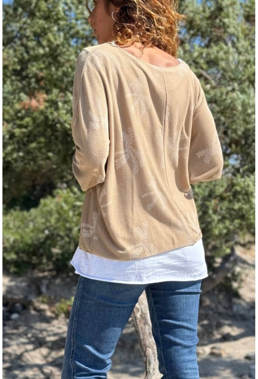 İtalyan Bej Kayık Yaka Yaprak Desenli İçli Dışlı Yumuşak Dokulu Salaş Kazak 70 60