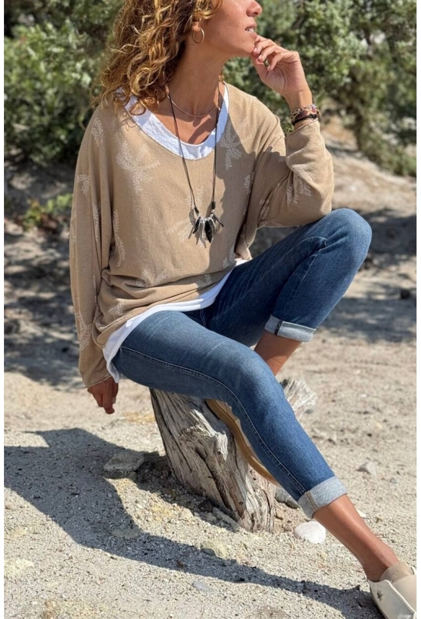 İtalyan Bej Kayık Yaka Yaprak Desenli İçli Dışlı Yumuşak Dokulu Salaş Kazak 70 60