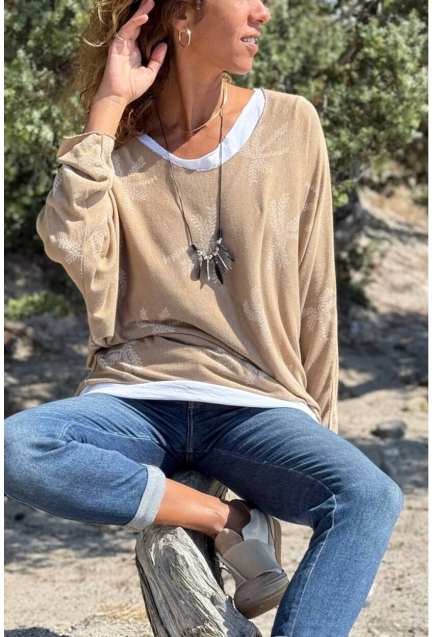 İtalyan Bej Kayık Yaka Yaprak Desenli İçli Dışlı Yumuşak Dokulu Salaş Kazak 70 60