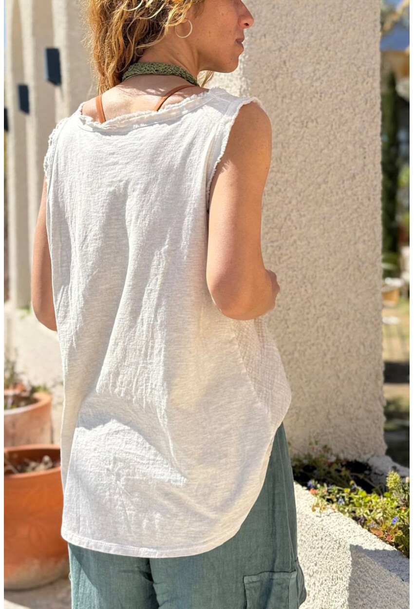 İtalyan Bej V Yaka Yıkamalı Pis Dikişli Pamuklu Salaş Dokuma Bluz 70 50