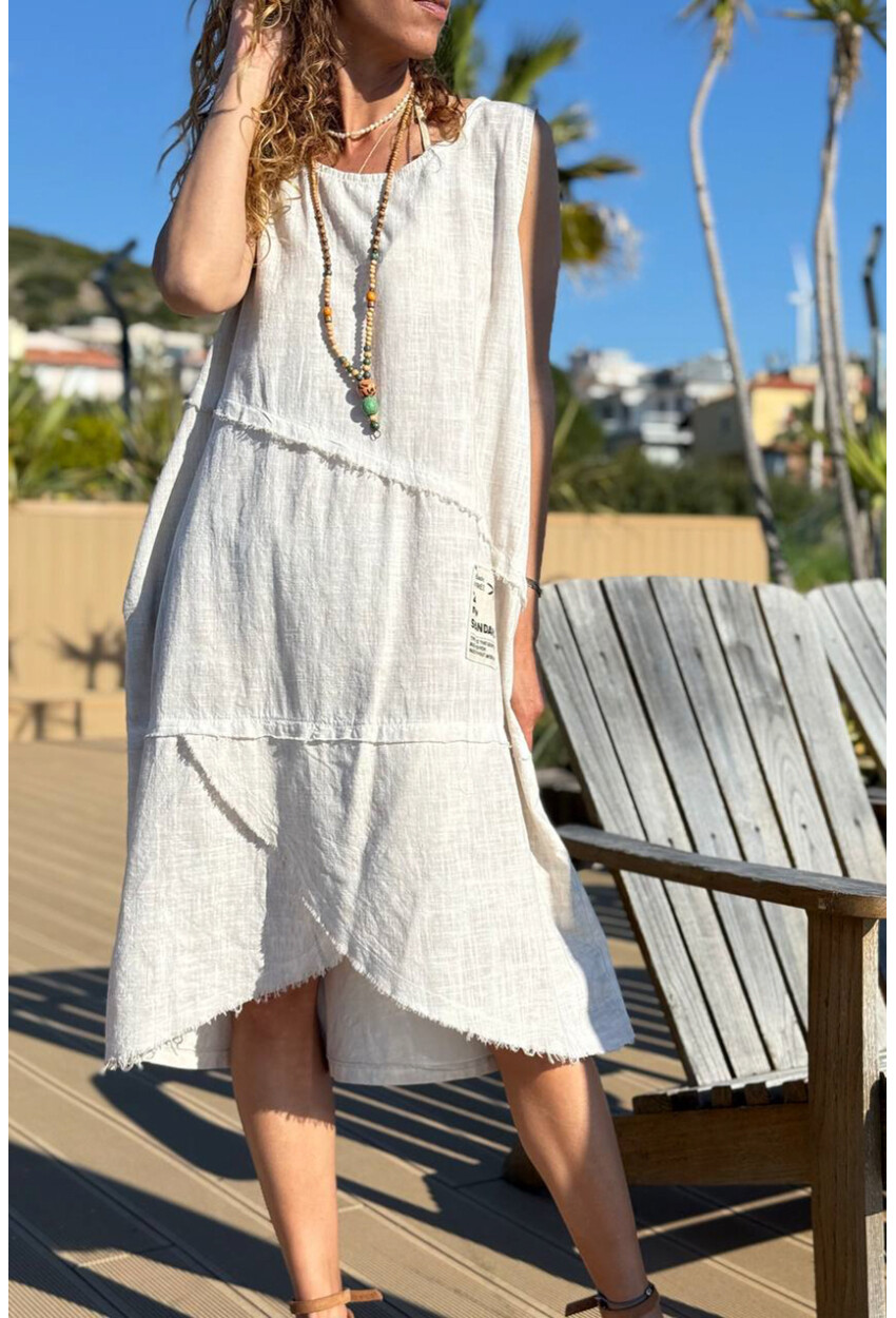 İtalyan Bej Yıkamalı Pis Dikişli Asimetrik Pamuklu Salaş Dokuma Elbise 100 60